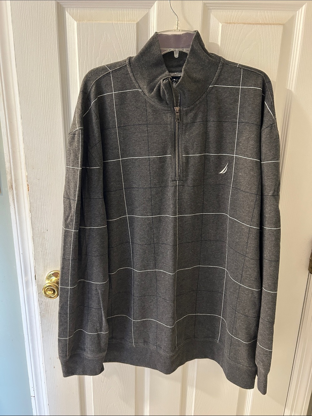 Nautica Men’s Charcoal Gray Quarter-Zip Windowpane Sweater